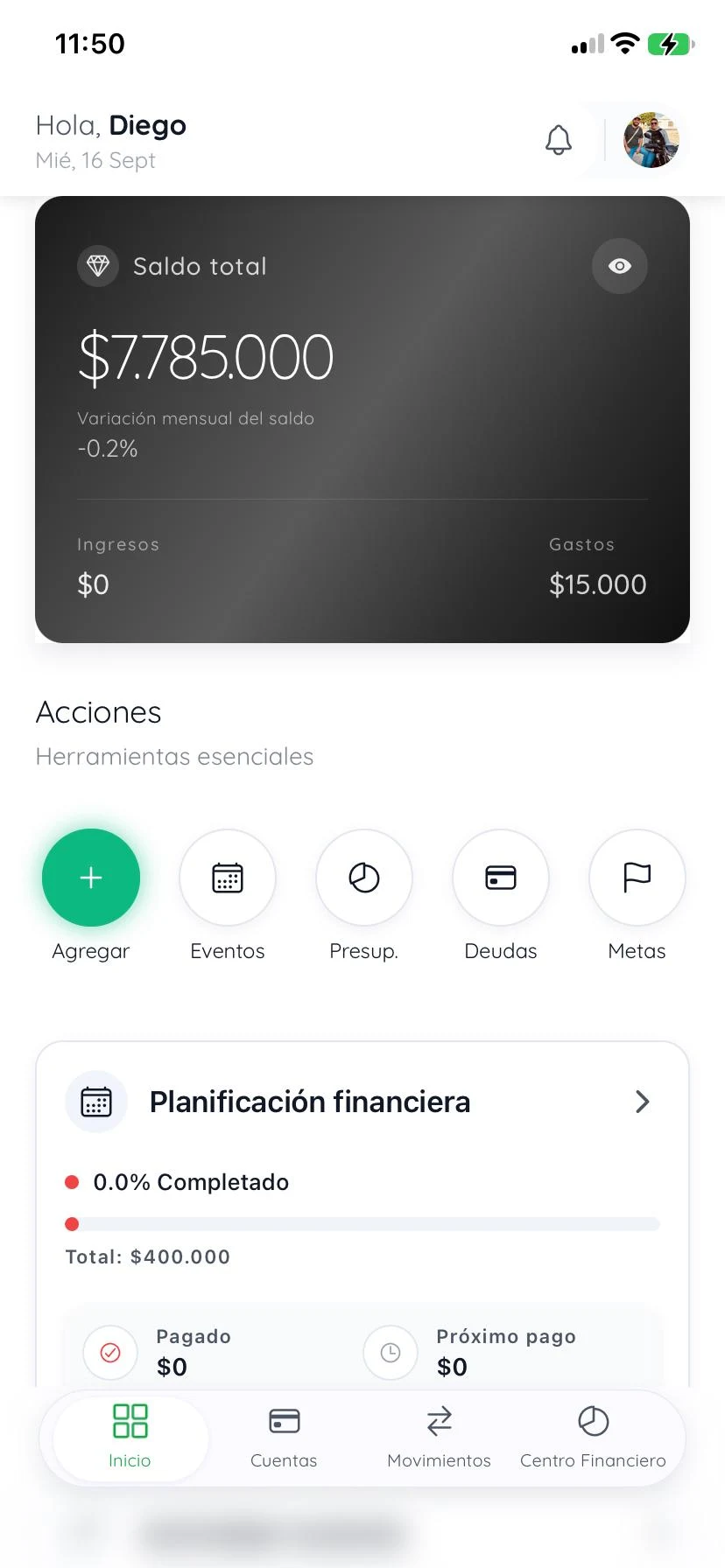 Dashboard de Infinyte con saldo, ingresos, gastos y accesos de planificación