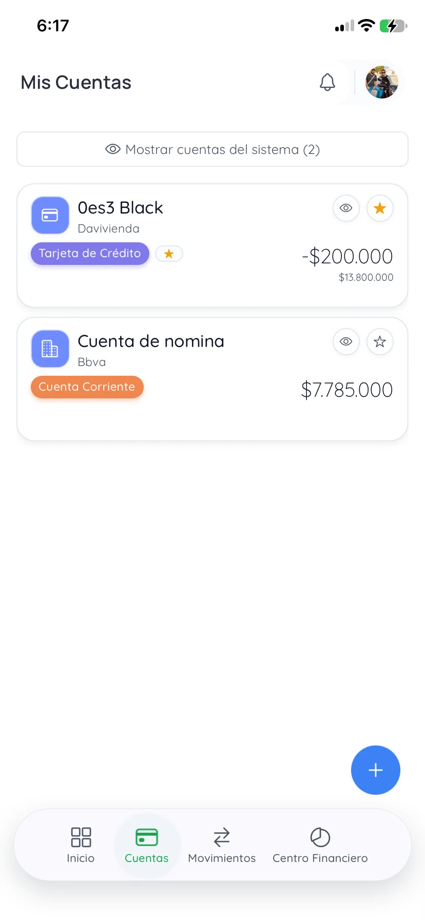 Pantalla de cuentas de Infinyte