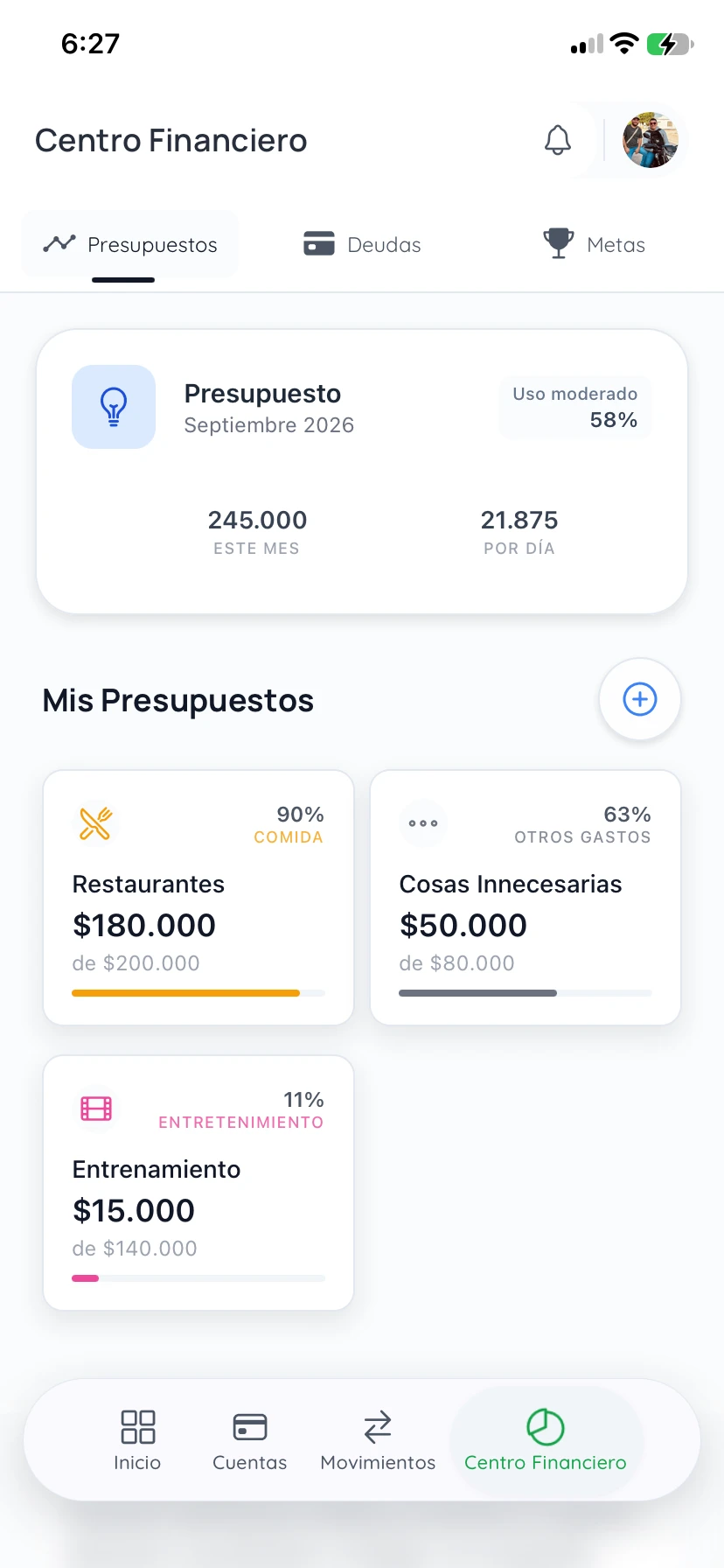 Pantalla de presupuestos de Infinyte
