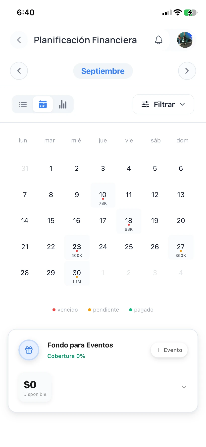 Pantalla de calendario de Infinyte