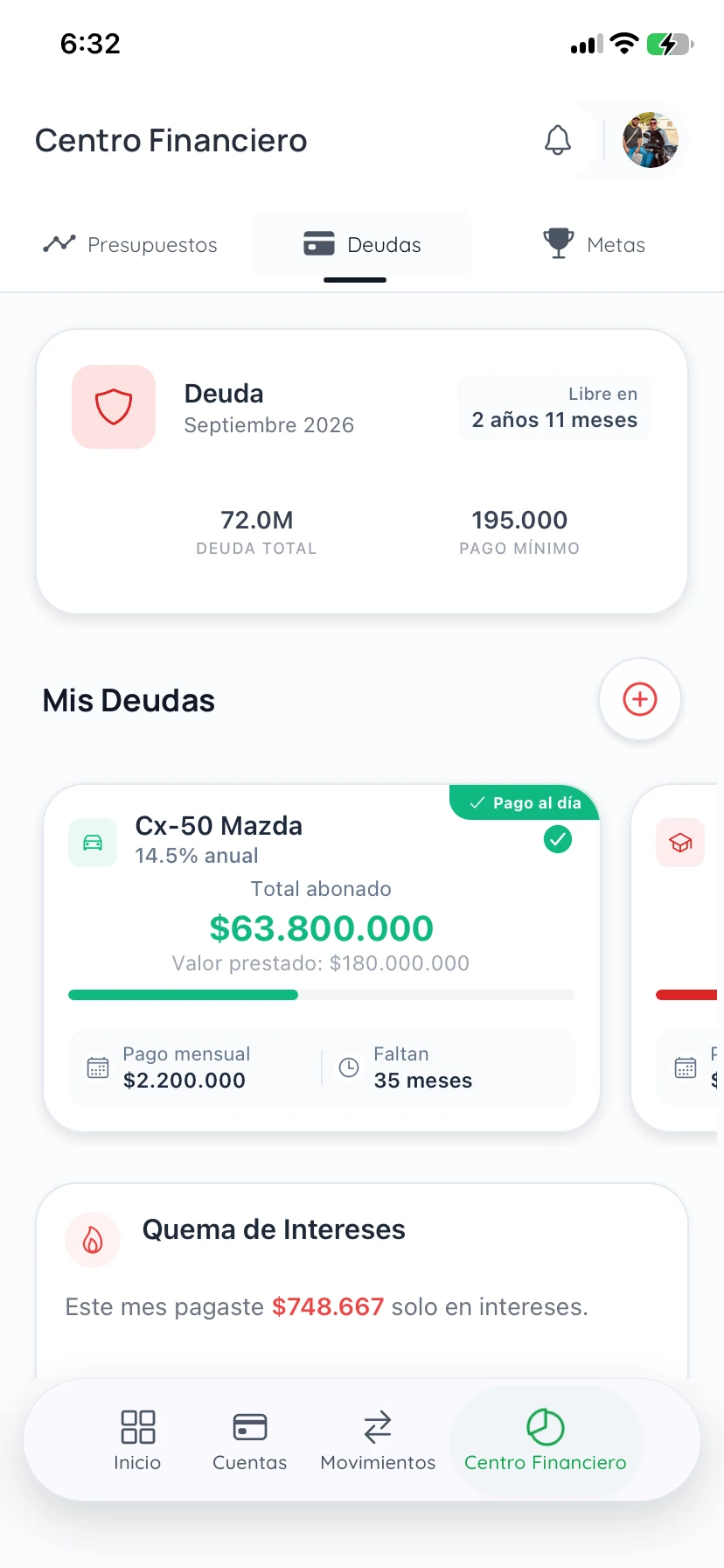 Pantalla de deudas de Infinyte