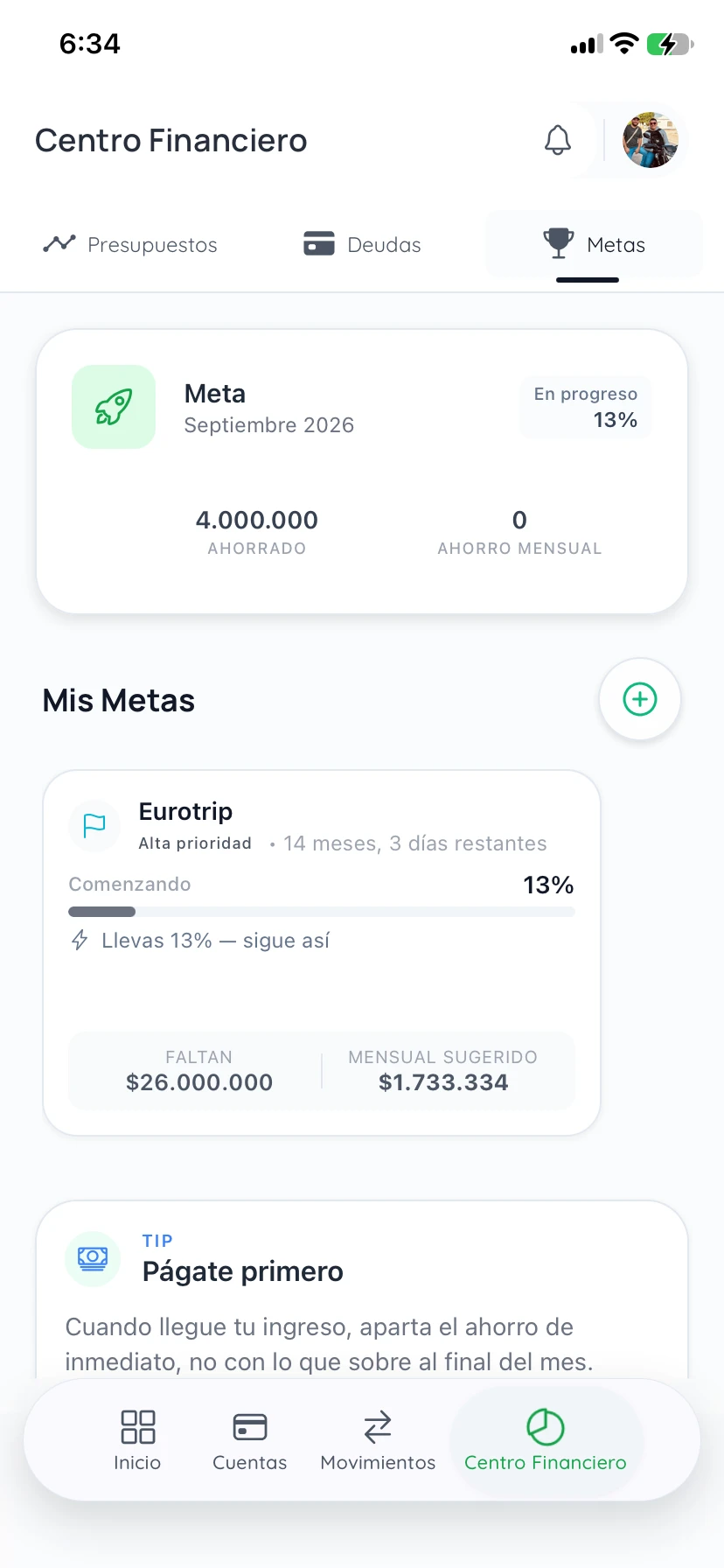 Pantalla de metas de Infinyte