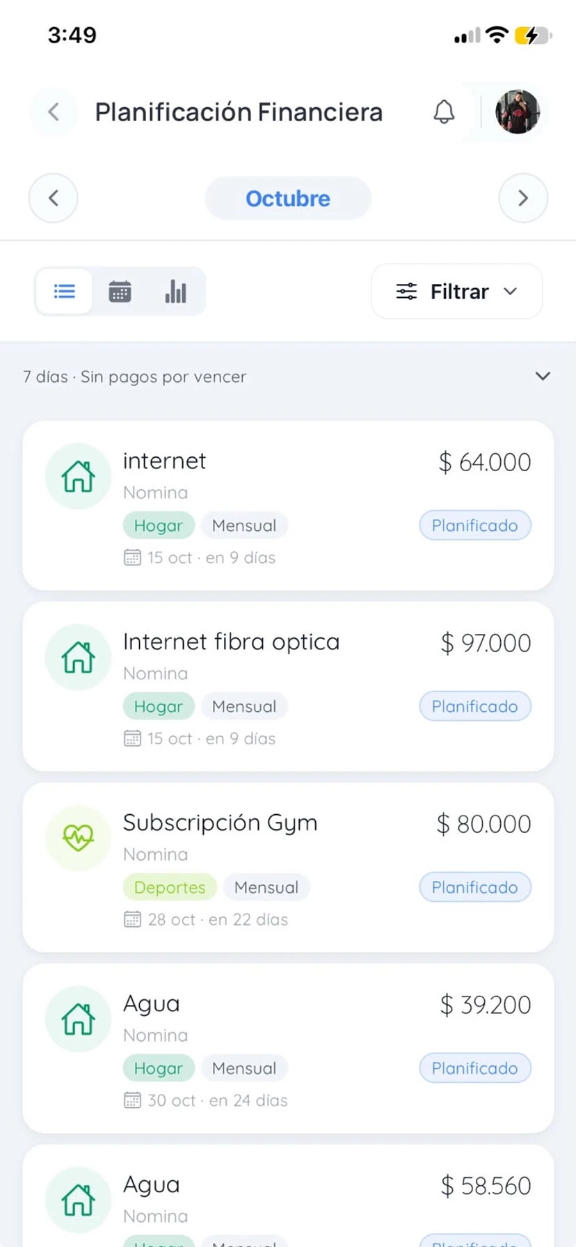 Pantalla de planificación de Infinyte